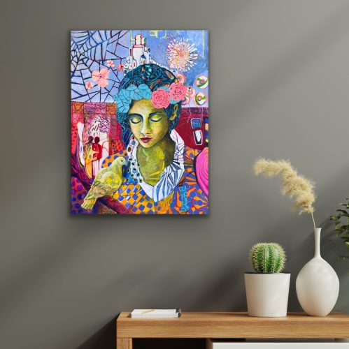 Maleri 2024 Looking for my new home 80x60 cm på væg grågrøn