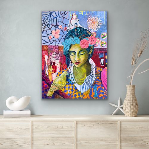 Maleri 2024 Looking for my new home 80x60 cm på væg tæt på